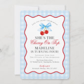 Cherry Sweet Blue Coquette Bow Gingham Verjaardag Kaart (Voorkant)