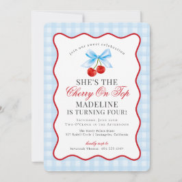 Cherry Sweet Blue Coquette Bow Gingham Verjaardag Kaart