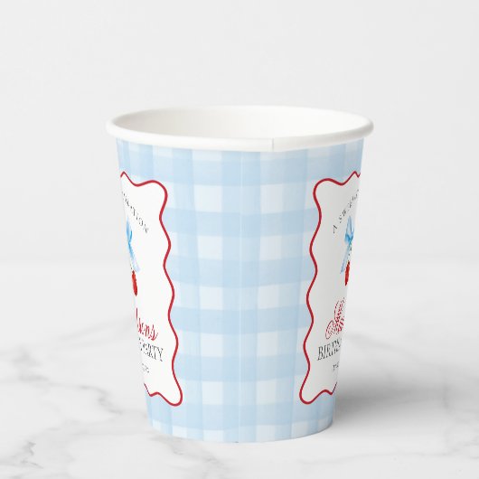 Cherry Sweet Blue Coquette Bow Gingham Verjaardag Papieren Bekers (Rechts)