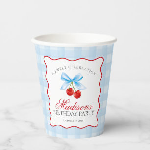 Cherry Sweet Blue Coquette Bow Gingham Verjaardag Papieren Bekers
