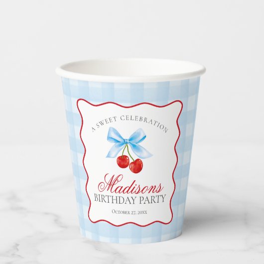 Cherry Sweet Blue Coquette Bow Gingham Verjaardag Papieren Bekers (Voorkant)