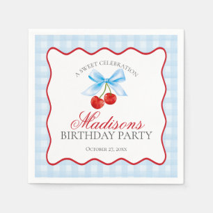 Cherry Sweet Blue Coquette Bow Gingham Verjaardag Servet