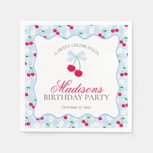 Cherry Sweet Blue Coquette Bow Gingham Verjaardag Servet (Voorkant)
