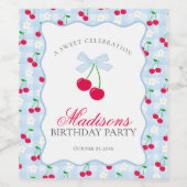 Cherry Sweet Blue Coquette Bow Gingham Verjaardag Wijn Etiket (Enkel label)