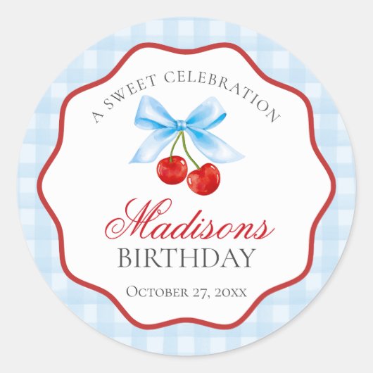 Cherry Sweet Blue Coquette Bow Verjaardag Zegel (Voorkant)