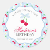 Cherry Sweet Blue Coquette Bow Verjaardag Zegel (Voorkant)