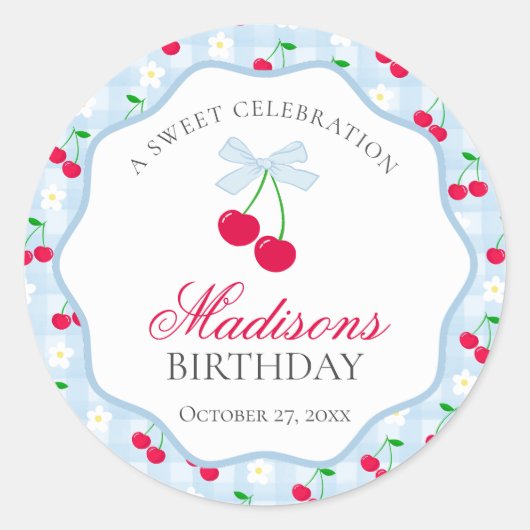 Cherry Sweet Blue Coquette Bow Verjaardag Zegel (Voorkant)