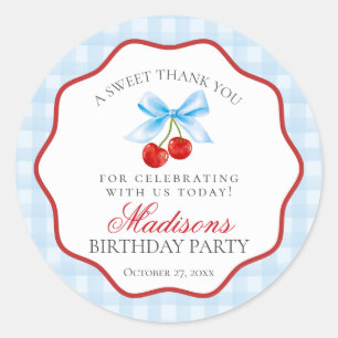 Cherry Sweet Blue Coquette Bow Verjaardagskring Ronde Sticker