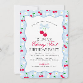 Cherry Sweet Blue Coquette Gingham eerste verjaard Kaart