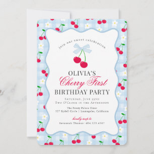 Cherry Sweet Blue Coquette Gingham eerste verjaard Kaart