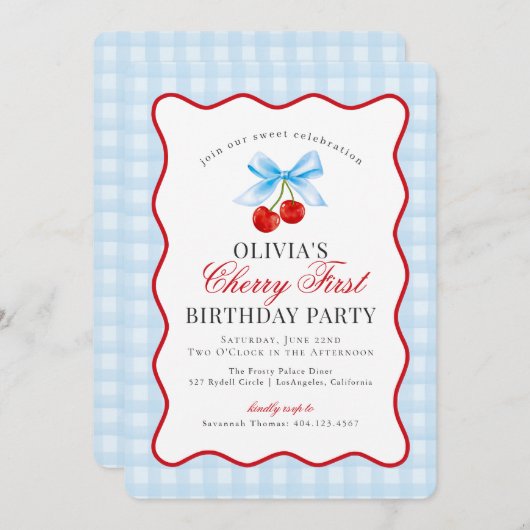Cherry Sweet Blue Coquette Gingham eerste verjaard Kaart (Voorkant / Achterkant)