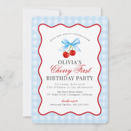 Cherry Sweet Blue Coquette Gingham eerste verjaard Kaart
