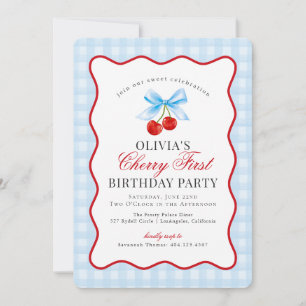 Cherry Sweet Blue Coquette Gingham eerste verjaard Kaart