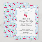 Cherry Sweet Blue Coquette Gingham Vrijgezellenfee Kaart (Voorkant / Achterkant)