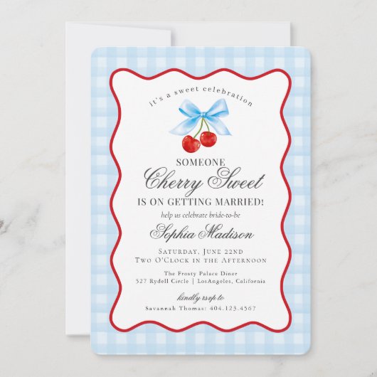 Cherry Sweet Blue Coquette Gingham Vrijgezellenfee Kaart (Voorkant)