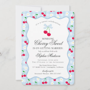 Cherry Sweet Blue Coquette Gingham Vrijgezellenfee Kaart
