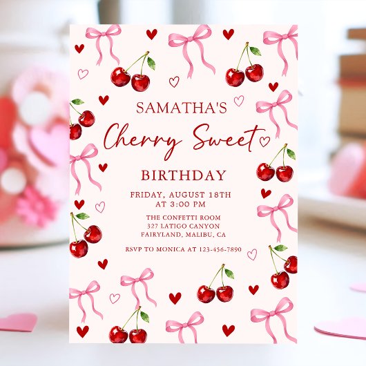 Cherry Sweet Bow Birthday Invitation Kaart