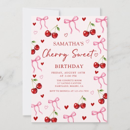 Cherry Sweet Bow Birthday Invitation Kaart (Voorkant)