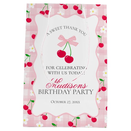 Cherry Sweet Pink Coquette Boog Verjaardagsgunsten Medium Cadeauzakje (Achterkant)
