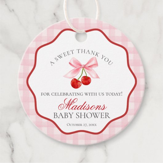 Cherry Sweet Pink Coquette Bow Baby shower Circle Bedankjes Labels (Voorkant)