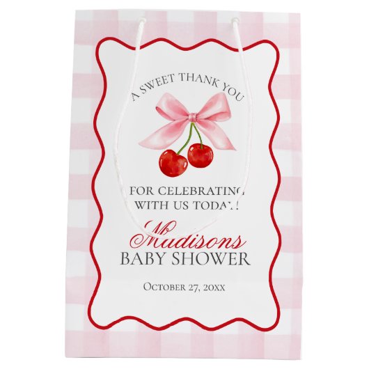 Cherry Sweet Pink Coquette Bow Baby shower Favorie Medium Cadeauzakje (Achterkant)