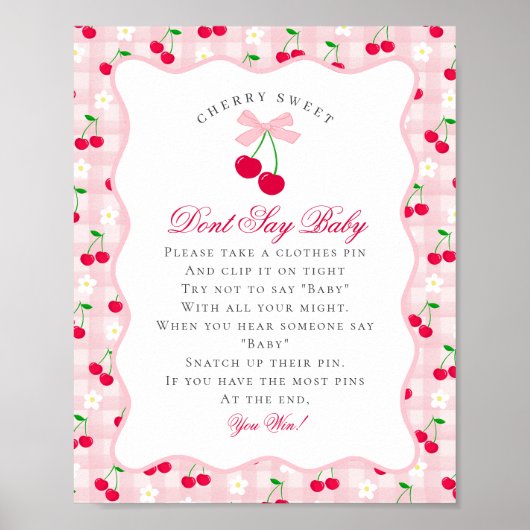 Cherry Sweet Pink Coquette Bow Don't Say Baby Sign Poster (Voorkant)