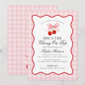Cherry Sweet Pink Coquette Bow Gingham Baby shower Kaart (Voorkant / Achterkant)