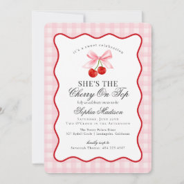 Cherry Sweet Pink Coquette Bow Gingham Baby shower Kaart