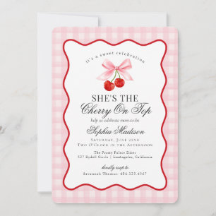 Cherry Sweet Pink Coquette Bow Gingham Baby shower Kaart