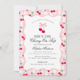Cherry Sweet Pink Coquette Bow Gingham Baby shower Kaart