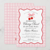 Cherry Sweet Pink Coquette Bow Gingham Baby shower Kaart (Voorkant / Achterkant)