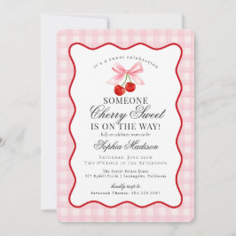 Cherry Sweet Pink Coquette Bow Gingham Baby shower Kaart