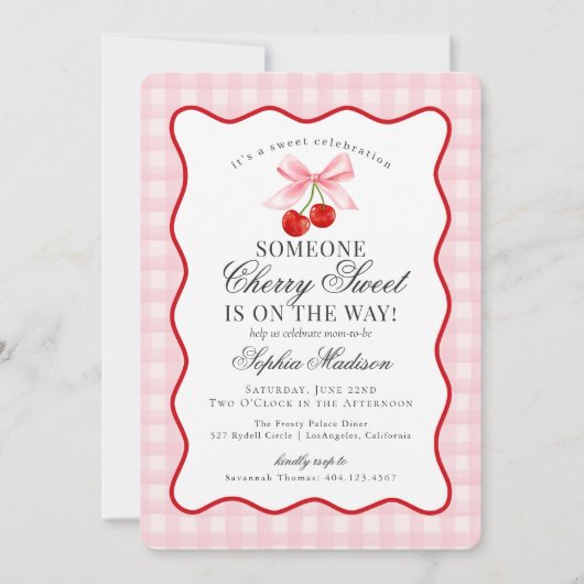 Cherry Sweet Pink Coquette Bow Gingham Baby shower Kaart (Voorkant)