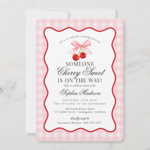 Cherry Sweet Pink Coquette Bow Gingham Baby shower Kaart