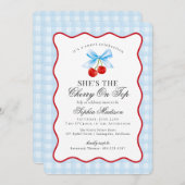 Cherry Sweet Pink Coquette Bow Gingham Baby shower Kaart (Voorkant / Achterkant)