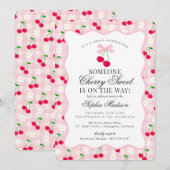 Cherry Sweet Pink Coquette Bow Gingham Baby shower Kaart (Voorkant / Achterkant)
