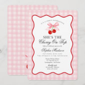 Cherry Sweet Pink Coquette Bow Gingham Baby Shower Kaart (Voorkant / Achterkant)