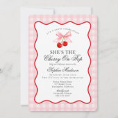 Cherry Sweet Pink Coquette Bow Gingham Baby Shower Kaart (Voorkant)