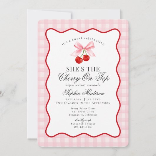 Cherry Sweet Pink Coquette Bow Gingham Baby Shower Kaart (Voorkant)