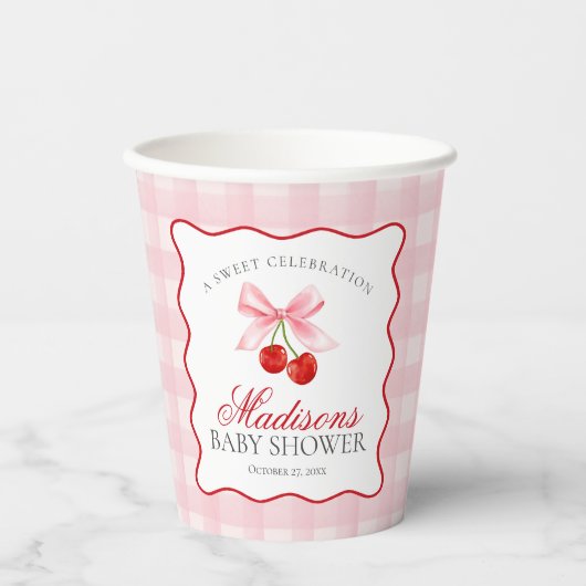 Cherry Sweet Pink Coquette Bow Gingham Baby shower Papieren Bekers (Voorkant)