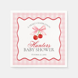 Cherry Sweet Pink Coquette Bow Gingham Baby shower Servet