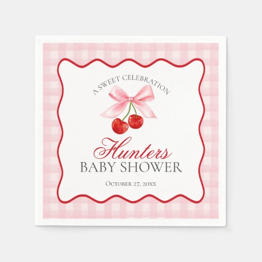 Cherry Sweet Pink Coquette Bow Gingham Baby shower Servet (Voorkant)