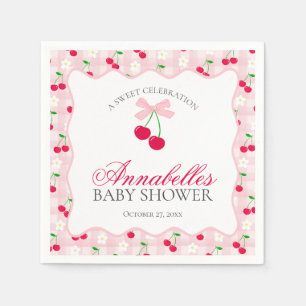Cherry Sweet Pink Coquette Bow Gingham Baby shower Servet