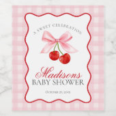 Cherry Sweet Pink Coquette Bow Gingham Baby shower Wijn Etiket (Enkel label)