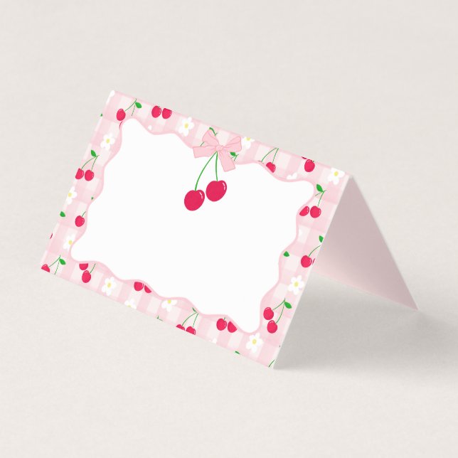 Cherry Sweet Pink Coquette Bow Gingham Place Card Kaart (Voorkant)
