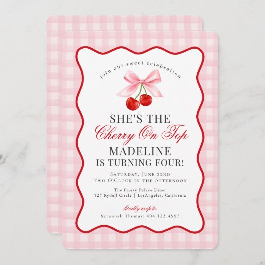 Cherry Sweet Pink Coquette Bow Gingham Verjaardag Kaart (Voorkant / Achterkant)