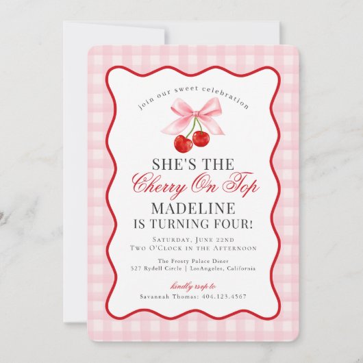 Cherry Sweet Pink Coquette Bow Gingham Verjaardag Kaart (Voorkant)