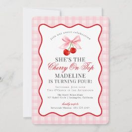 Cherry Sweet Pink Coquette Bow Gingham Verjaardag Kaart