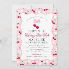 Cherry Sweet Pink Coquette Bow Gingham Verjaardag Kaart