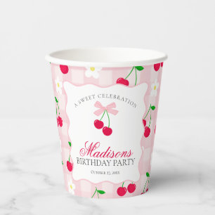 Cherry Sweet Pink Coquette Bow Gingham Verjaardag Papieren Bekers
